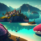 Tranquil fantasy landscape featuring serene lake, lush islands, traditional pagoda, vibrant pink flora