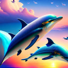 Ocean sunset scene with leaping dolphins and soaring seagulls
