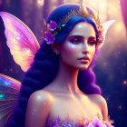 Fantasy illustration: Glowing-winged fairy with blue hair in enchanted forest