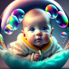 Infant in Transparent Bubble Among Colorful Bubbles