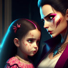 Digital art: Woman and girl share striking facial features with blood under one eye.