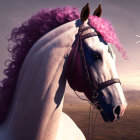 Digitally rendered horse with purple and pink mane in twilight savannah landscape