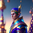 Animated character with pointed ears in golden crown and royal attire against fantasy castle spires at dusk.