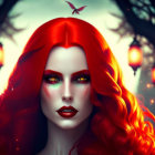 Digital artwork: Woman with red hair, green eyes, and forest background.