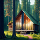 A-frame cabin with large windows in dense forest sunlight.