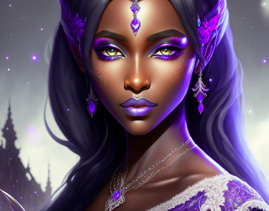 Illustrated portrait of woman with violet skin and golden eyes adorned in purple gemstone jewelry