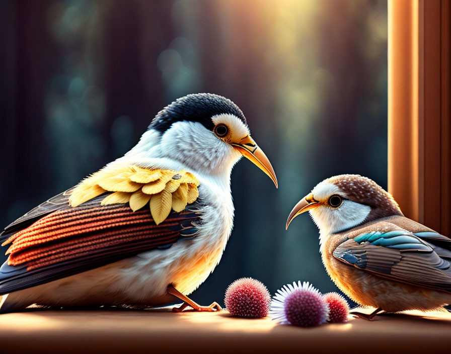 Colorful Fantastical Birds Facing Each Other on Wooden Surface