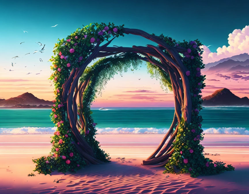 Lush Floral Archway Frames Beach Sunset with Pink Clouds
