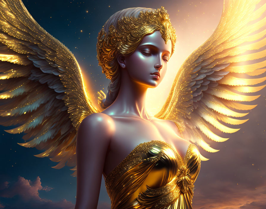 Golden-winged angel in celestial setting exudes grace.