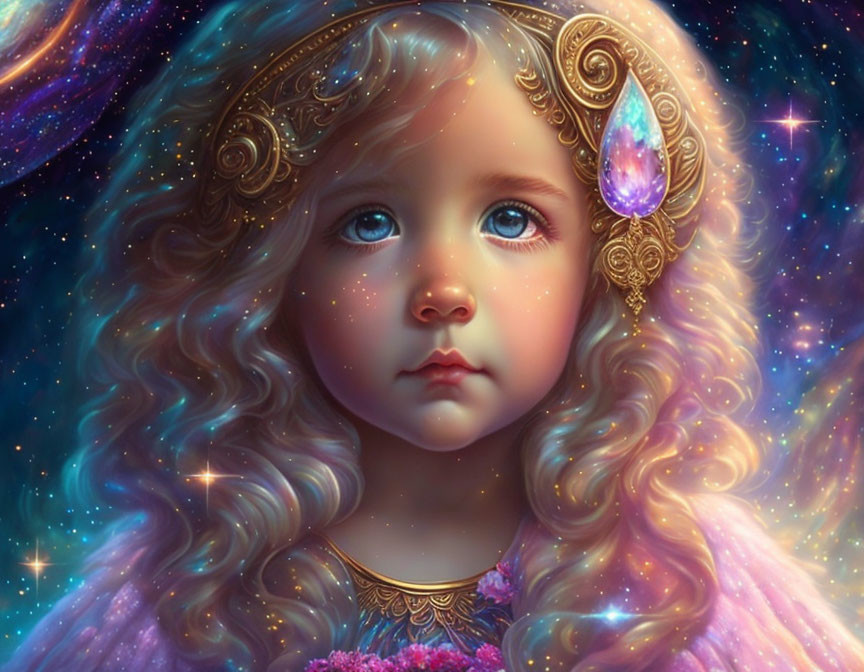 Young girl digital artwork: blue eyes, wavy hair, cosmic background, golden headpiece.