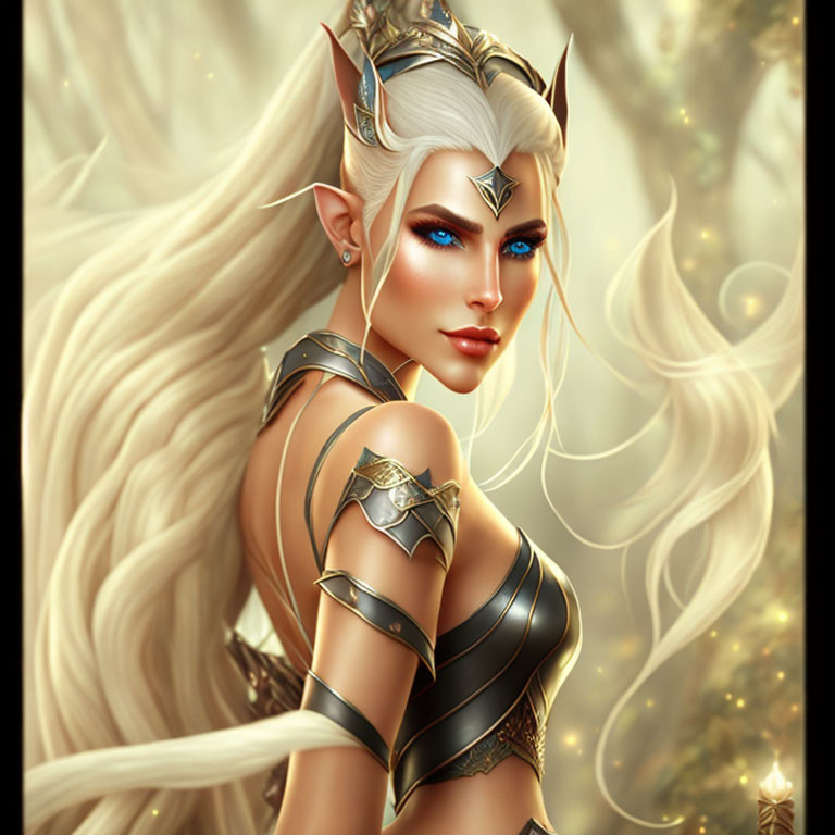 Fantasy Artwork of Female Elf in Dark Armor & Tiara