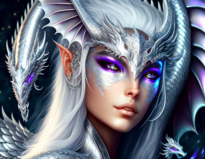 Silver dragon-like horns, pointed ears, and glowing purple eyes on a fantastical figure with elaborate silver