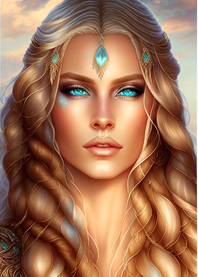 Woman with glowing blue eyes and gold jewelry in fantasy portrait