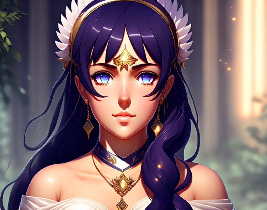 Illustration of female character with blue eyes and purple hair in forest setting