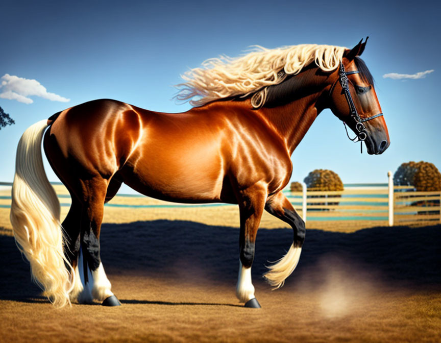 Chestnut horse with blonde mane in paddock with blue sky