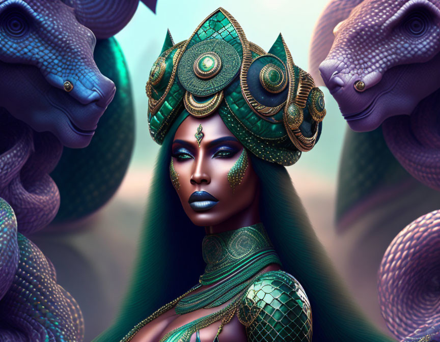 Regal woman with striking makeup and majestic headdress flanked by serpents