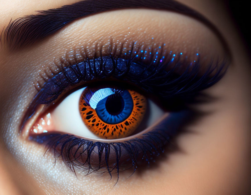 Detailed close-up of striking blue eye with intricate eyeshadow and glitter