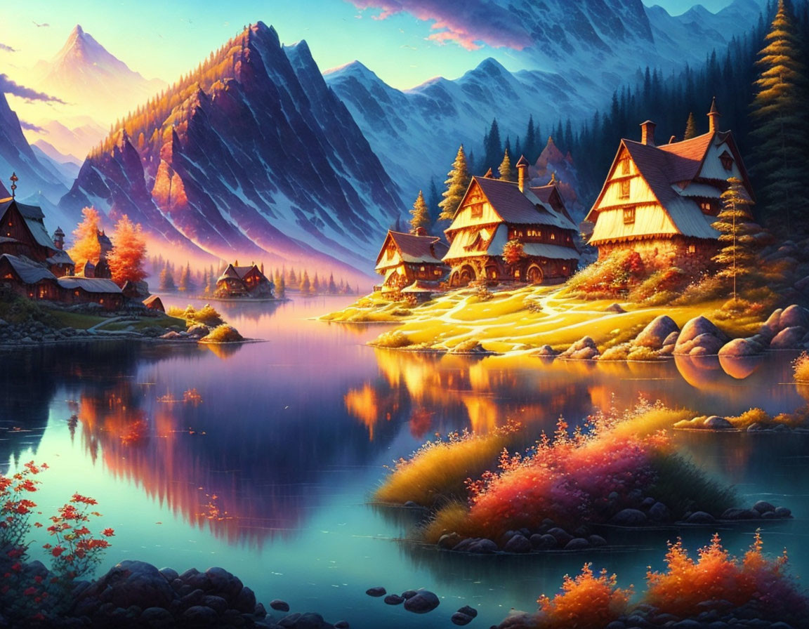 Idyllic village by serene lake at sunset surrounded by colorful forests