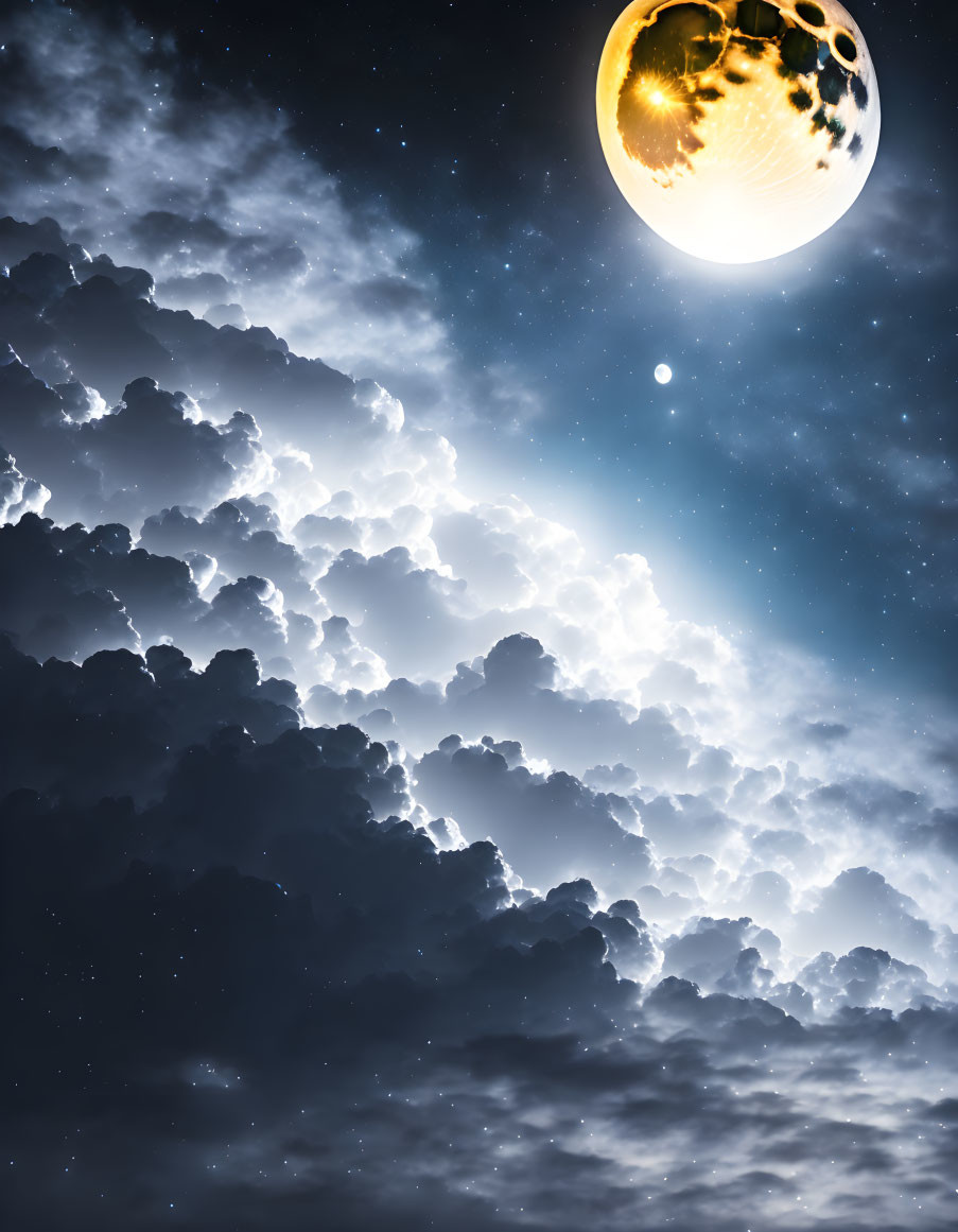 Surreal night sky with large moon, silhouetted clouds, and starry backdrop