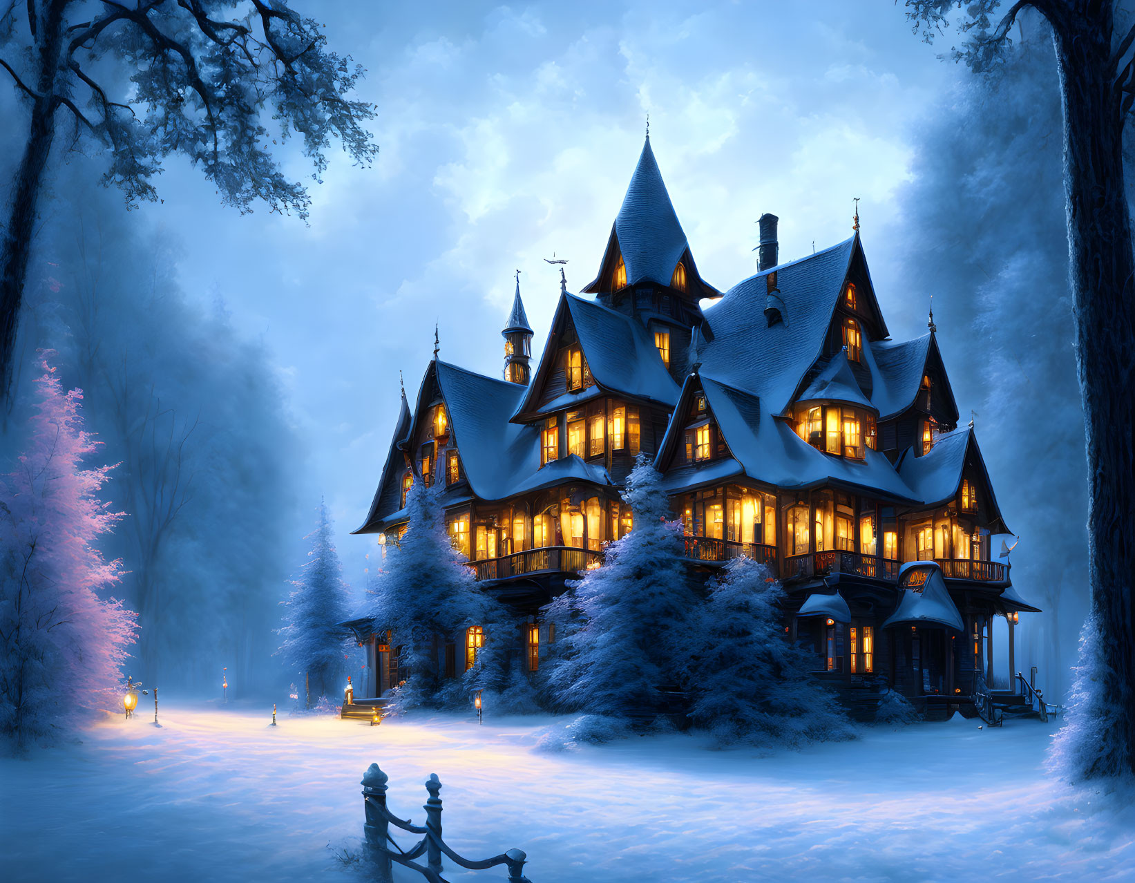 Victorian House in Snowy Twilight with Glowing Windows