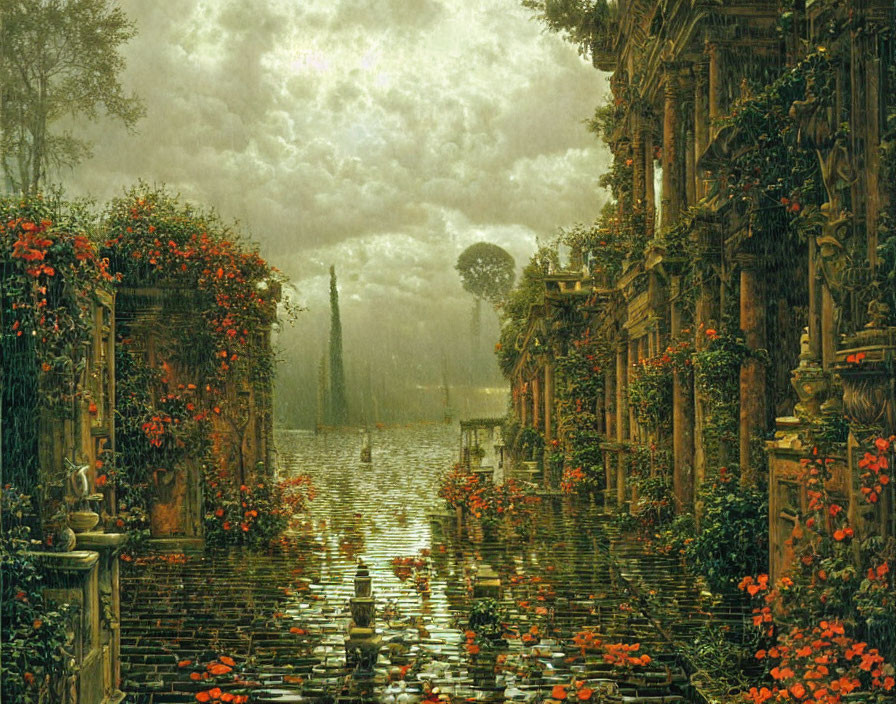 Rain-drenched alley with flowers, classical architecture, and figure with umbrella