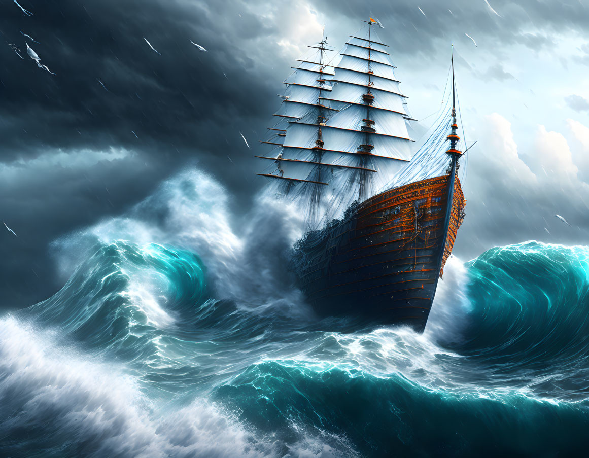 Tall ship sailing stormy seas with billowing sails