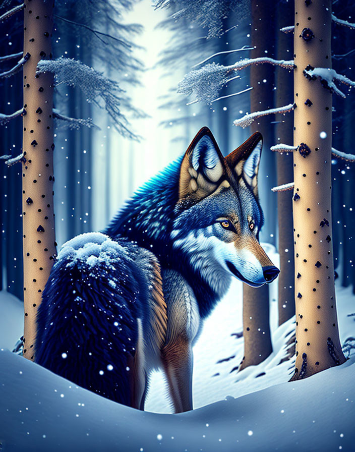 Colorful Wolf in Snowy Forest with Falling Snowflakes