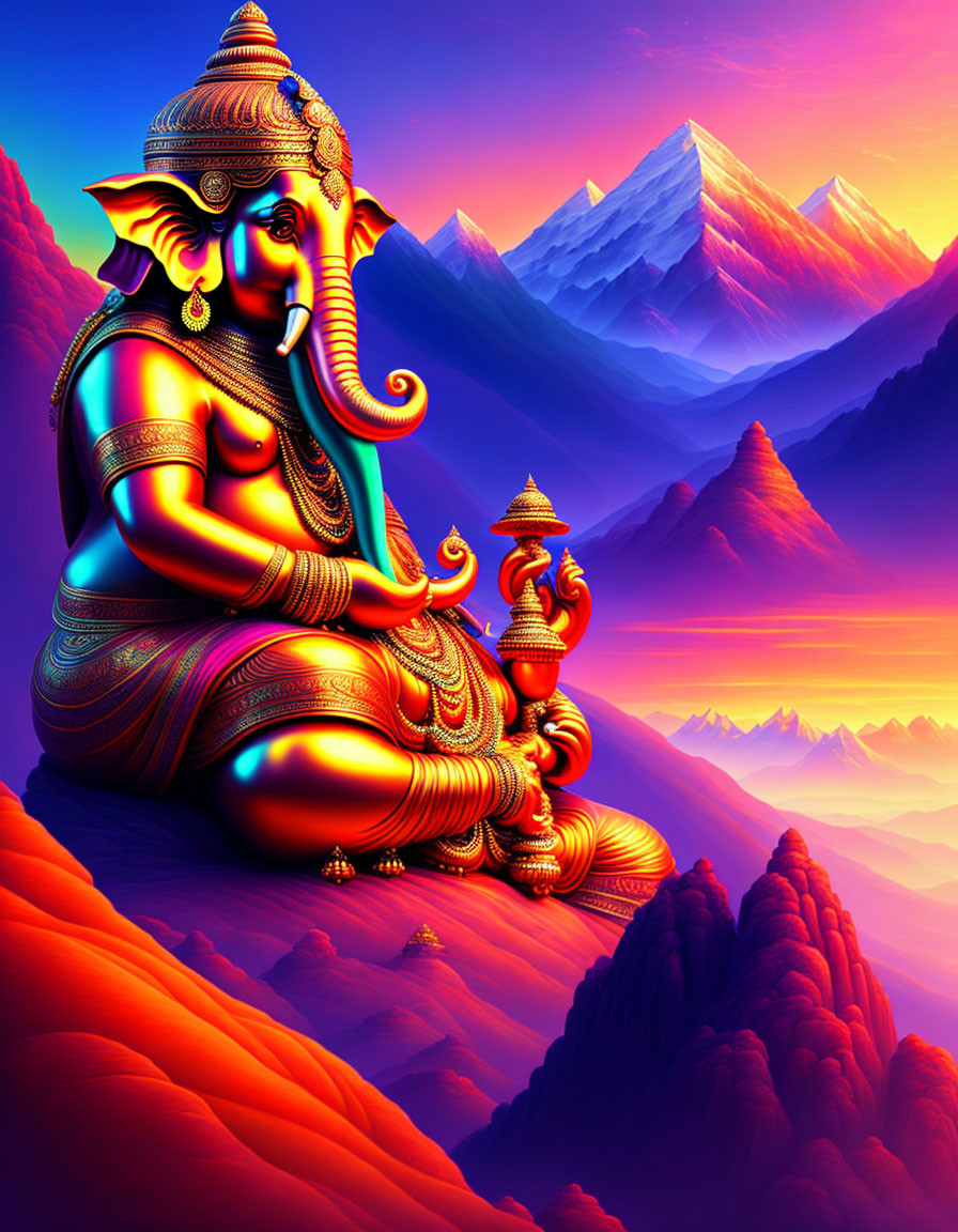 Colorful Lord Ganesha Illustration in Mountainous Landscape