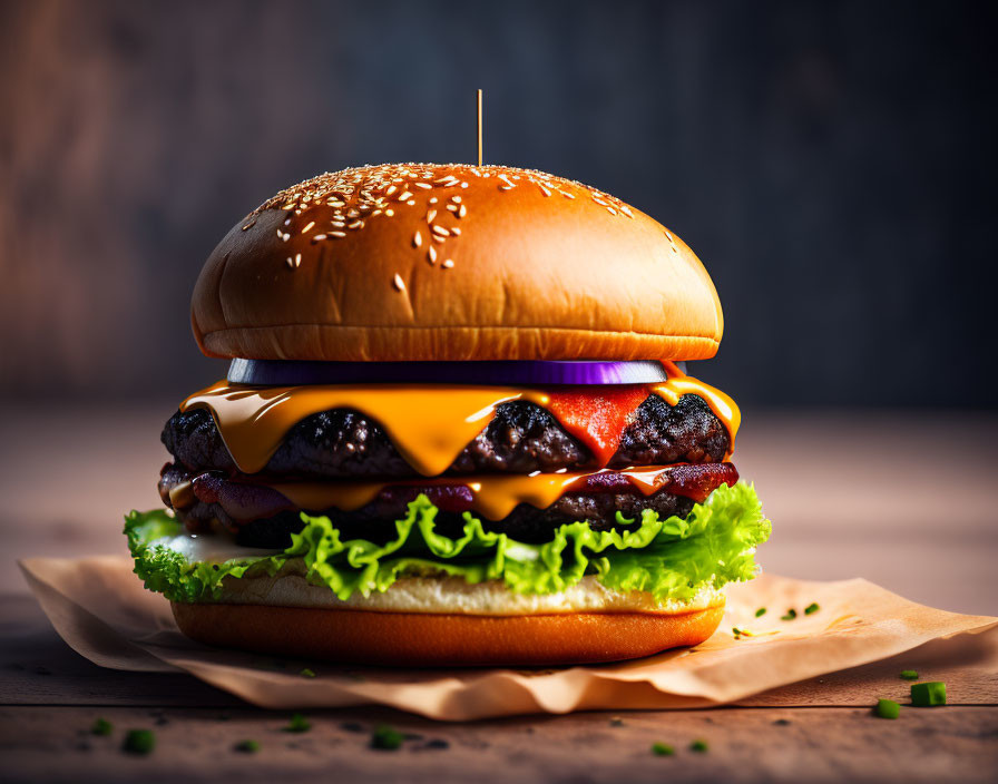 Double Cheeseburger with Lettuce, Cheese, Onions, and Sauce on Sesame Seed Bun