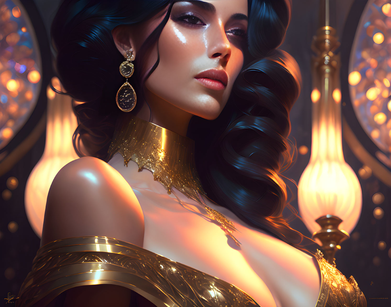 Dark-haired woman with gold jewelry in ornate lamp-lit setting