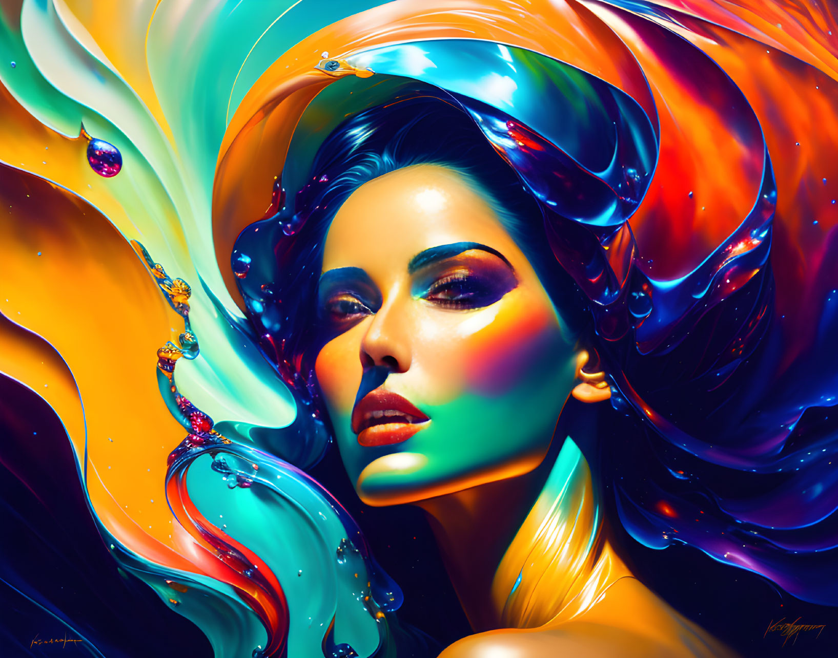 Colorful digital artwork: Woman's face in swirling, glossy shapes