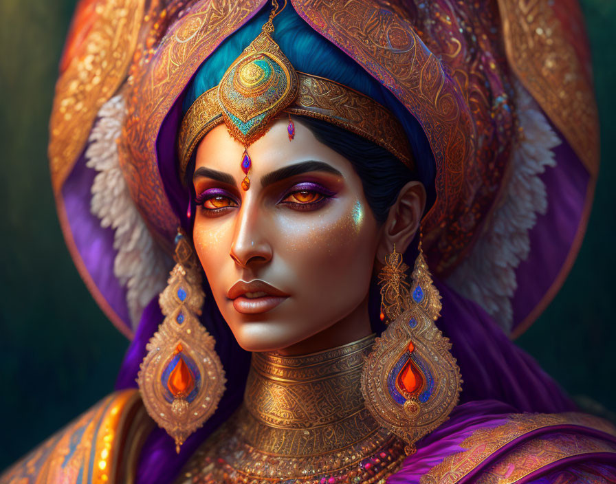 Regal woman with golden jewelry and colorful headdress in purple and blue.