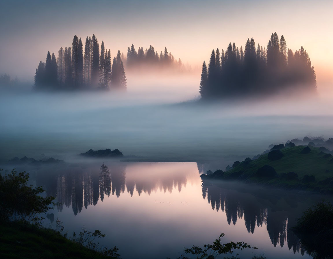 Tranquil lake landscape with silhouetted trees at dawn or dusk