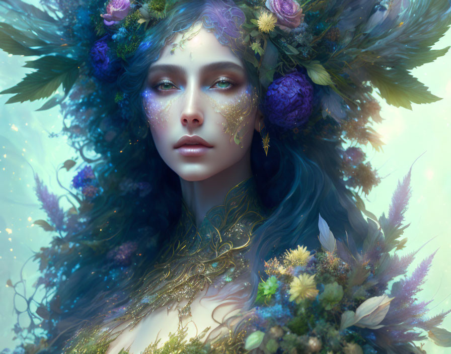 Blue-skinned woman with flower wreath and golden accents in mystical setting