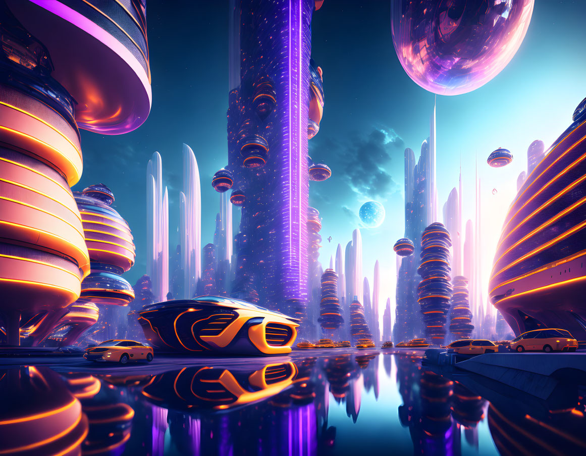 Futuristic cityscape with towering structures and sleek vehicles at twilight