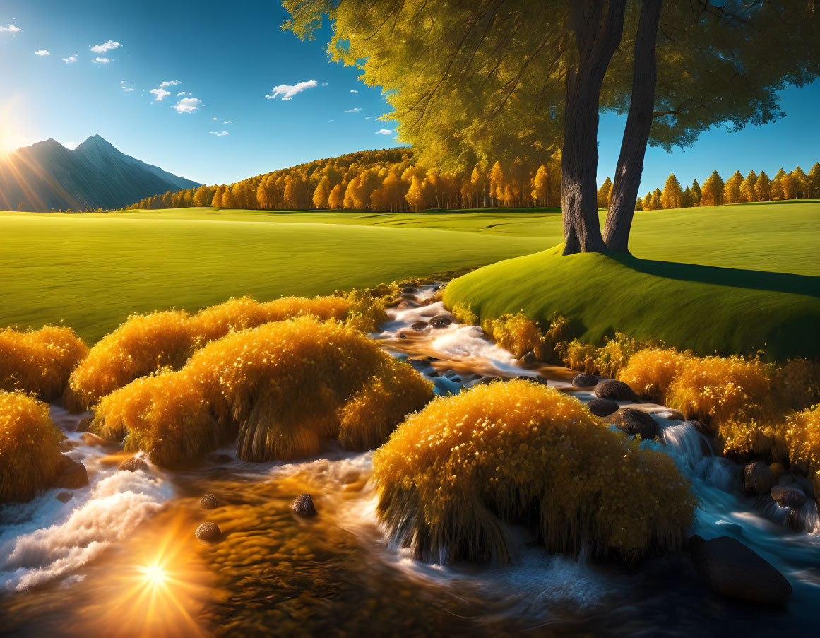 Tranquil autumn landscape with stream and colorful foliage