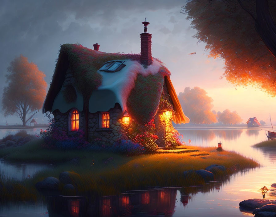 Fairytale cottage by serene lake with colorful flowers at twilight