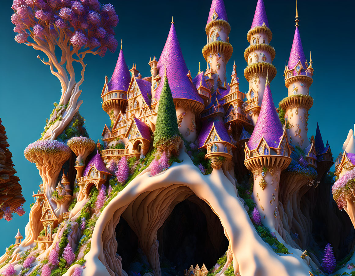 Fantastical Castle with Purple Spires and Enchanted Tunnel