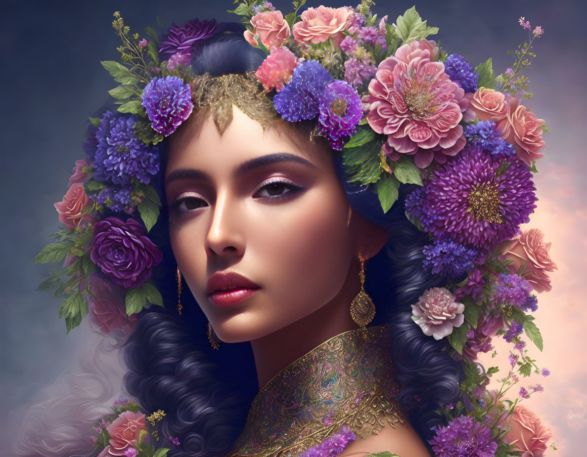 Vibrant floral headdress and golden jewelry on woman in digital portrait