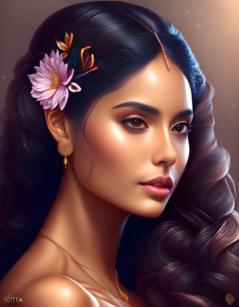 Illustrated portrait of woman with dark wavy hair, pink flower, butterfly, golden jewelry, and