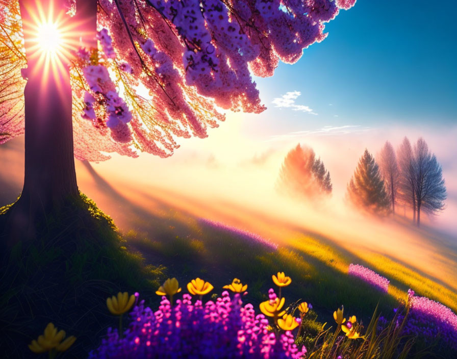 Vibrant sunrise over misty field with blossom tree and colorful flowers