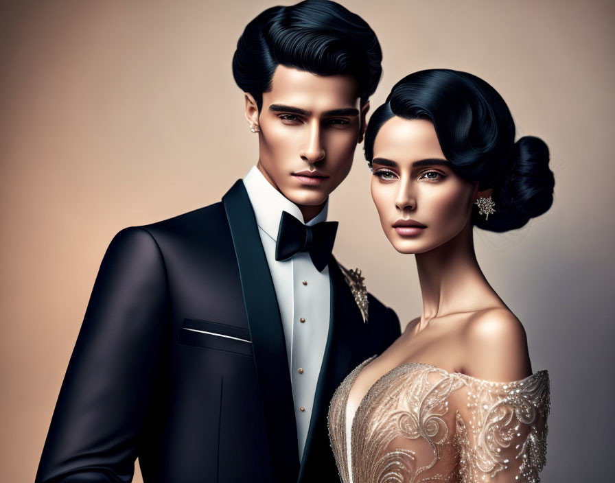 Stylized elegant man and woman in formal attire on neutral backdrop