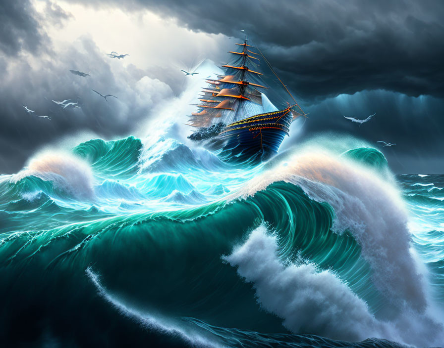 Sailing ship in stormy ocean with seagulls