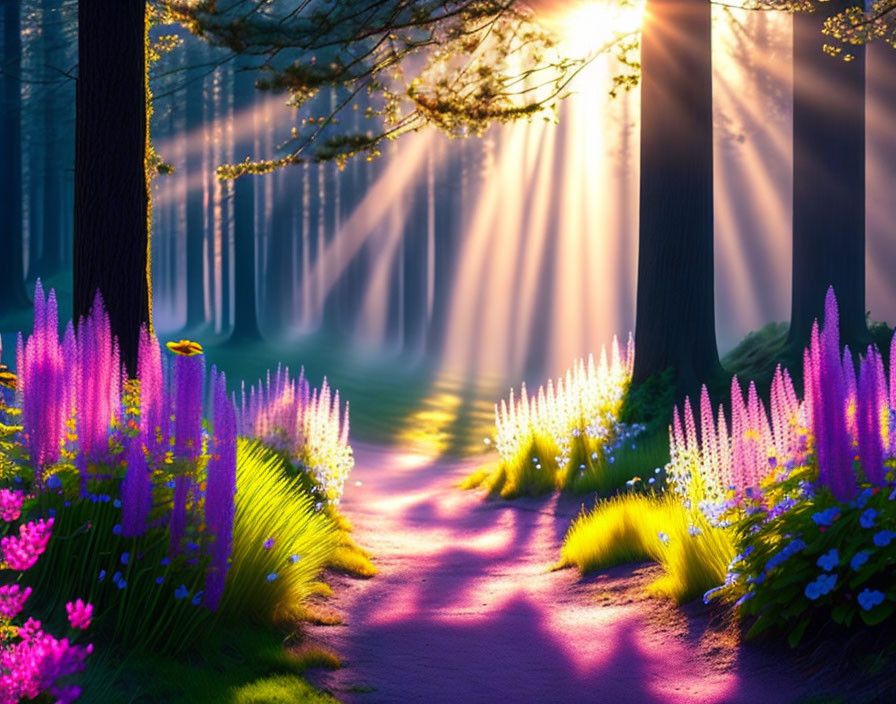 Forest path with vibrant wildflowers under sunbeams