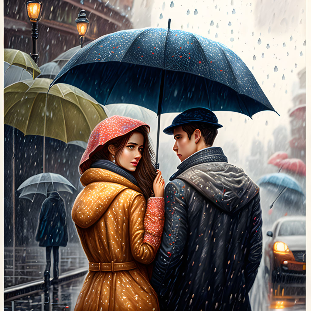 Couple under umbrella in rainy city street scene