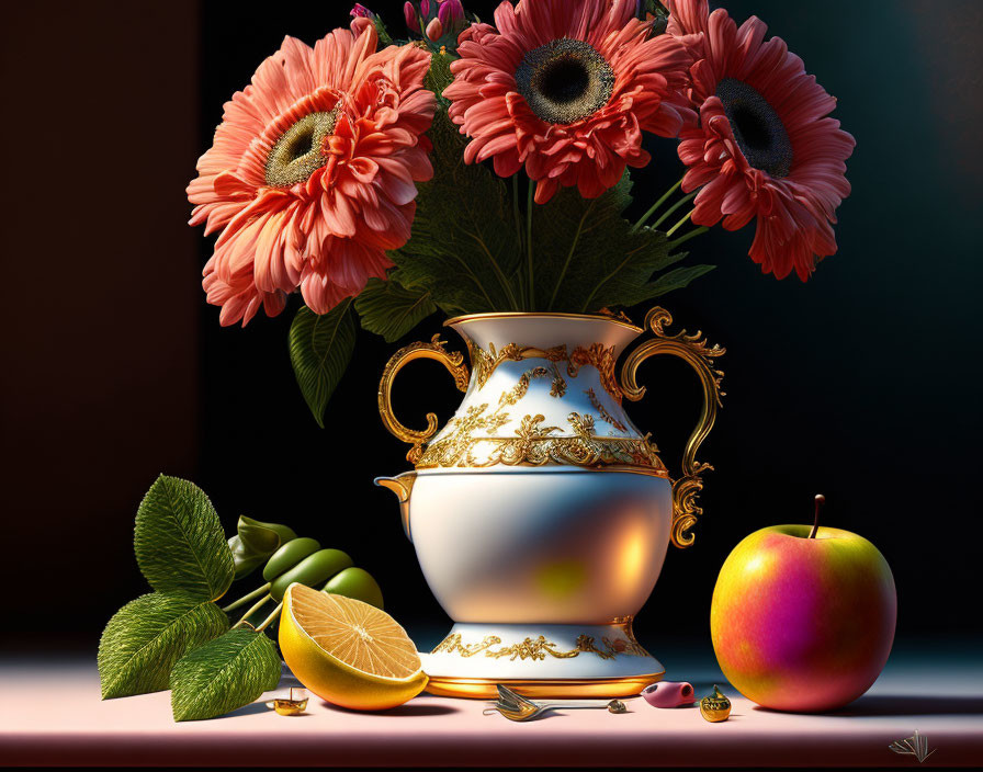 White and Gold Vase with Pink Flowers, Lemon, and Apple Display