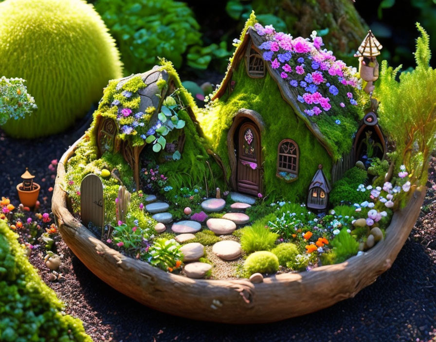 Detailed miniature fairy tale cottage in coconut shell garden