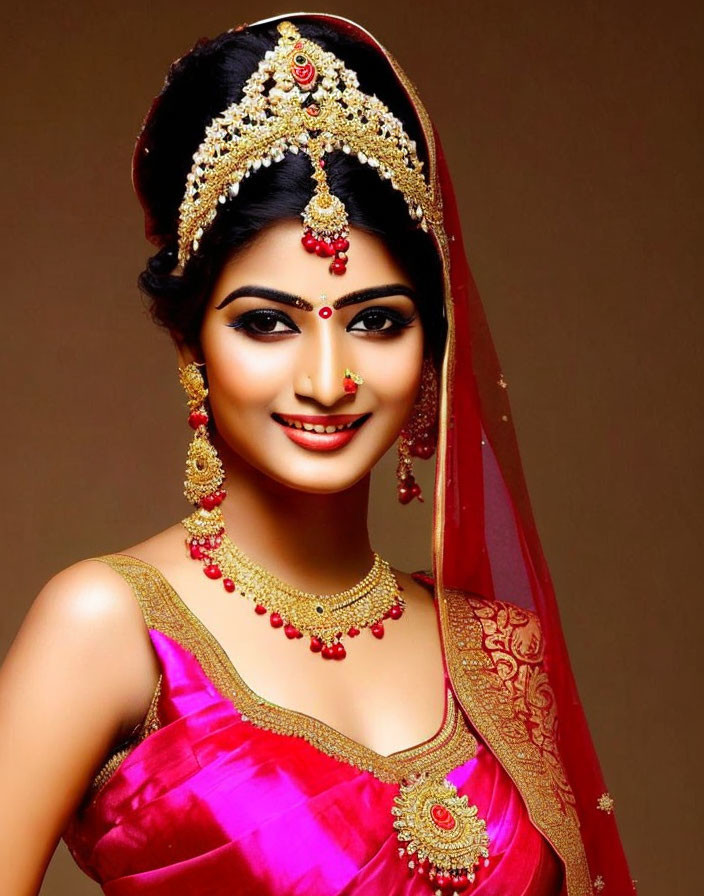 Traditional Indian bridal attire with gold jewelry and red saree on woman smiling gently