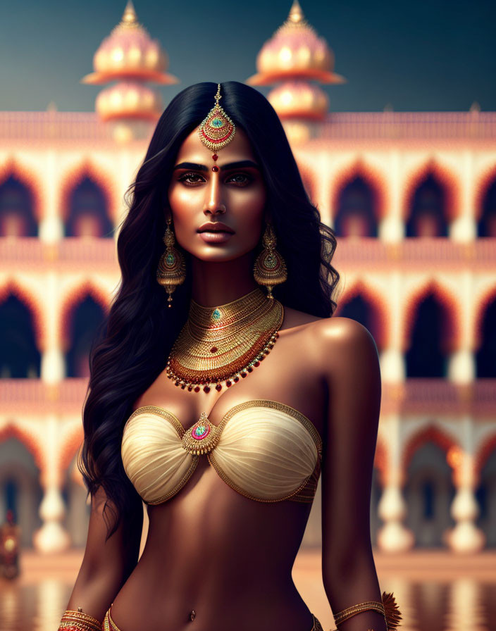 Digital artwork featuring woman in traditional Indian jewelry with grand palace.