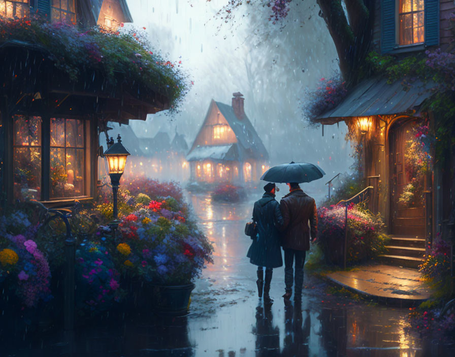 Couple walking under umbrella in charming rain-soaked street